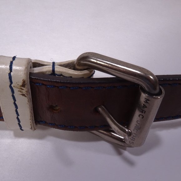 Marc Jacobs Colorblock Thin Leather Belt Tan White Navy Sz S/M - Picture 12 of 15